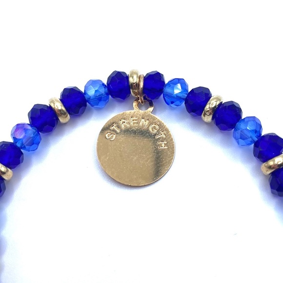 Strength Beaded Stretch Word Bracelet Blue Gold Tone - Picture 3 of 4